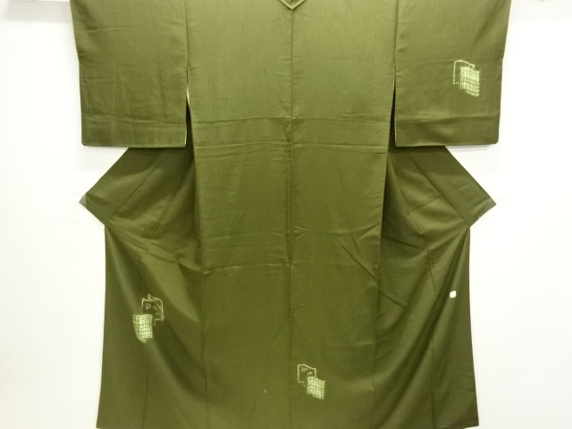 JAPANESE KIMONO / HOMONGI / SILK / SHIBORI / TATE BUSHI TSUMUGI / WATER RING & LEAVES